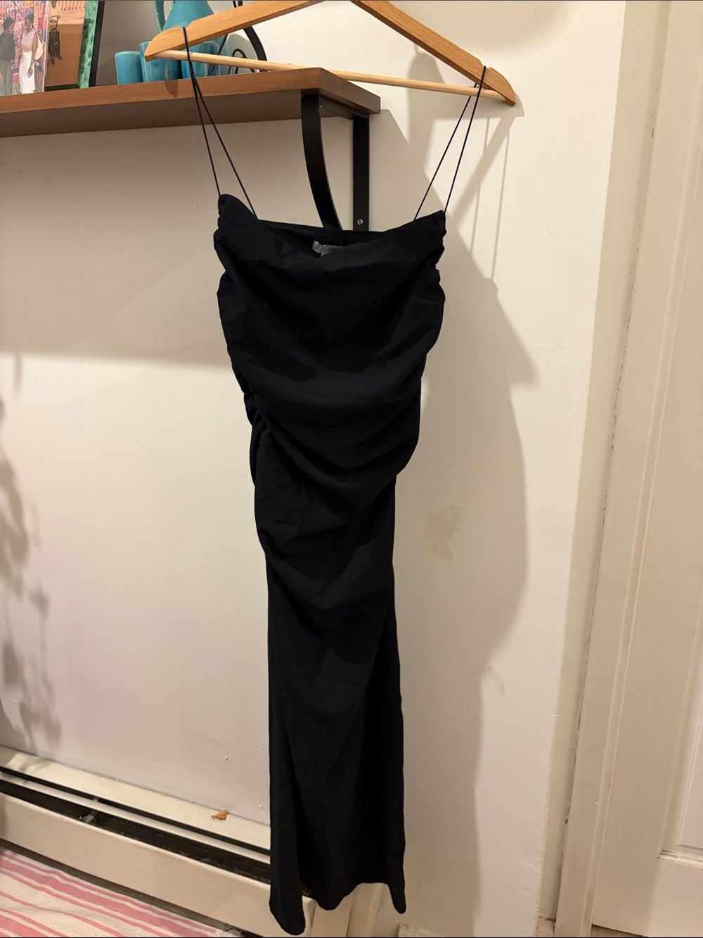 Black Ruched Slip Dress with Spaghetti Straps